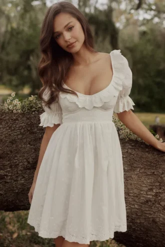 Mini-robe babydoll « Maisie » blanche en broderie anglaise style Régence
