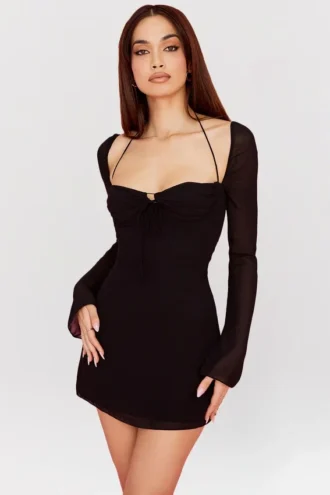 Mini-robe dos nu en mousseline noire BabyDoll