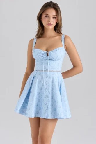 Mini-robe en coton extensible à imprimé floral bleu Calia