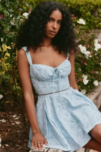 Mini-robe en coton extensible à imprimé floral bleu Calia