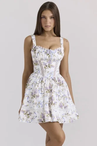 Mini-robe en coton à imprimé floral et rubans blancs Kimmie
