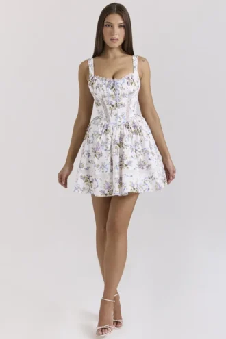 Mini-robe en coton à imprimé floral et rubans blancs Kimmie