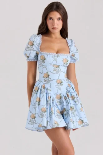 Mini-robe en coton à imprimé roses bleues Rosie