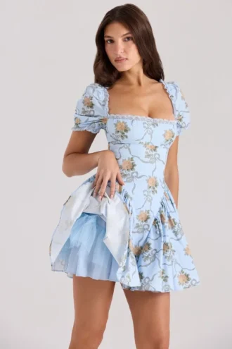 Mini-robe en coton à imprimé roses bleues Rosie