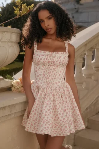 Mini-robe en coton Natassia à imprimé boutons de rose blancs