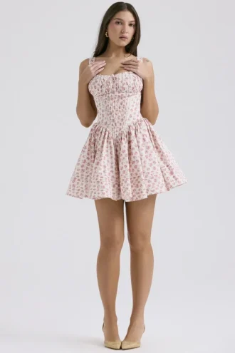 Mini-robe en coton Natassia à imprimé boutons de rose blancs