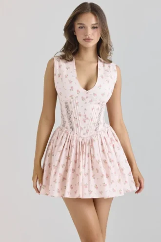 Mini-robe en coton stretch à imprimé floral rose Carmel