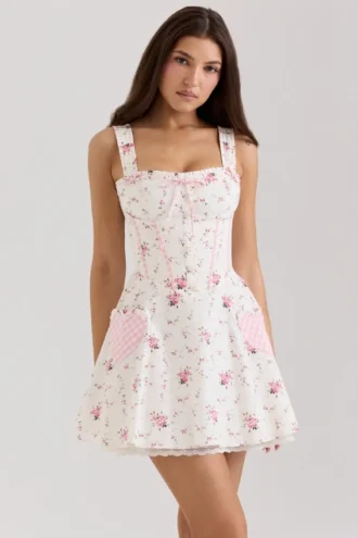 Mini-robe en coton stretch imprimé roses crème Marianella