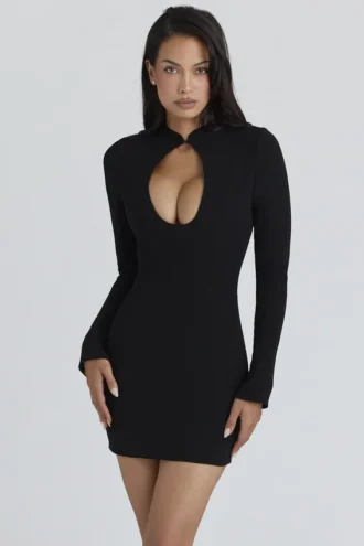 Mini-robe en crêpe noir « Lotus » à encolure en trou de serrure