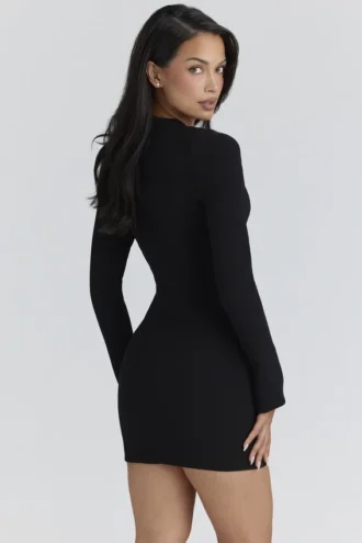 Mini-robe en crêpe noir « Lotus » à encolure en trou de serrure