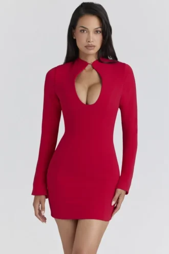 Mini-robe en crêpe rouge Lotus à encolure en trou de serrure