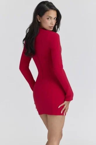 Mini-robe en crêpe rouge Lotus à encolure en trou de serrure