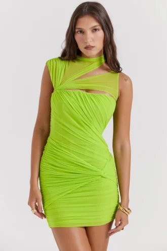 Mini-robe froncée Adrie vert fluo