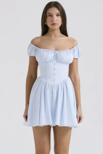 Mini-robe froncée en coton bleu pâle Nala