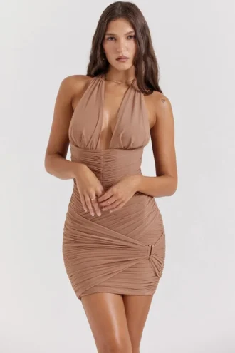 Mini-robe froncée Laetitia couleur noisette
