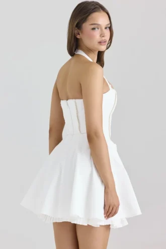 Mini-robe Heidi en coton stretch blanc à col licou