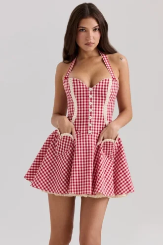 Mini-robe Heidi en coton vichy rouge à col licou
