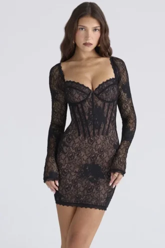 Mini-robe Lucienne noire en dentelle florale brodée – Édition limitée