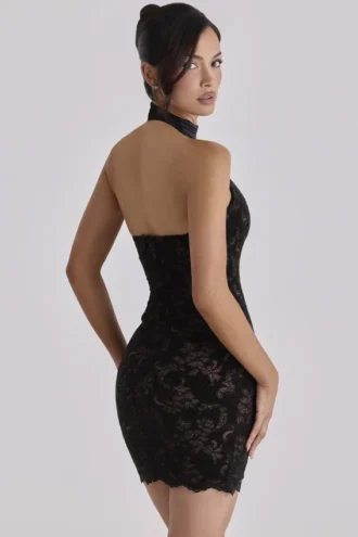 Mini-robe Natalya en dentelle noire à col haut avec nœud amovible