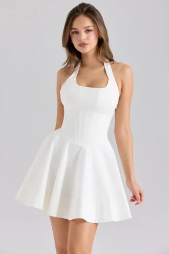 Mini-robe Sasha en coton extensible blanc à col licou