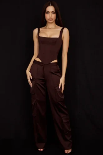 Pantalon cargo en satin chocolat Daria
