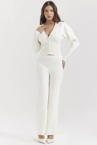 Pantalon en tricot de coton blanc cassé Vanna