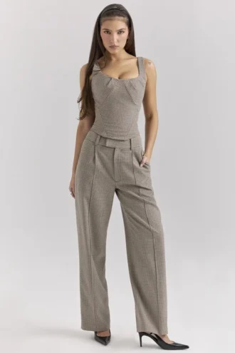 Pantalons ajustés taille haute à jambes larges Hayden Brown à motif pied-de-poule