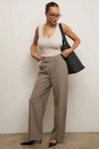 Pantalons ajustés taille haute à jambes larges Hayden Brown à motif pied-de-poule