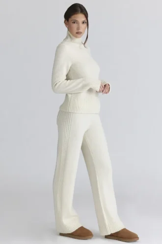 Pantalons en maille côtelée de laine mérinos ivoire Lara