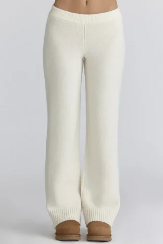 Pantalons en maille côtelée de laine mérinos ivoire Lara