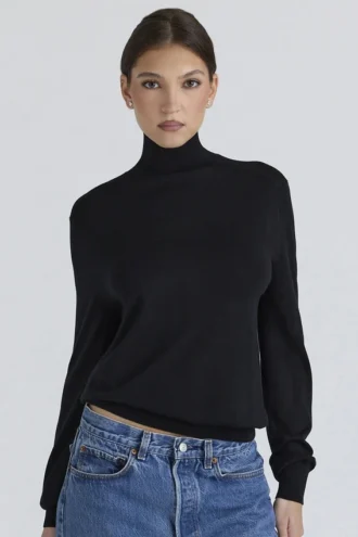 Pull à col roulé Angel en soie et laine noire