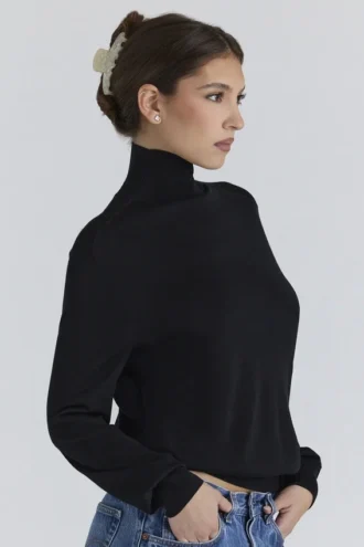 Pull à col roulé Angel en soie et laine noire