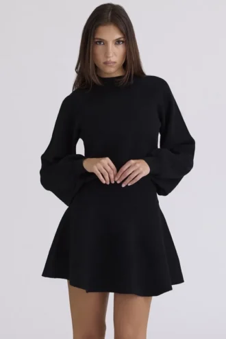 Pull Cressida noir en laine et cachemire à manches ballon