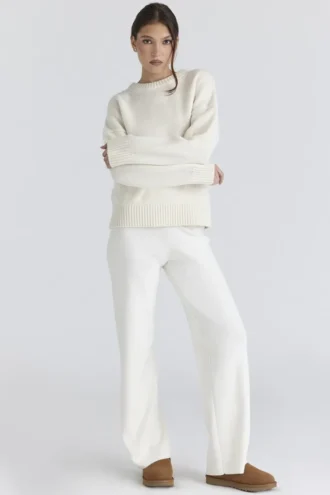 Pantalons en maille de laine mérinos Andie ivoire