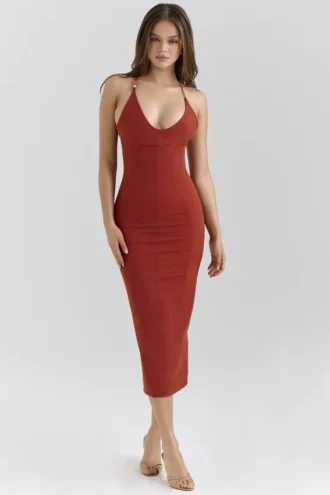Ria – Robe midi ajustée en coton stretch terracotta