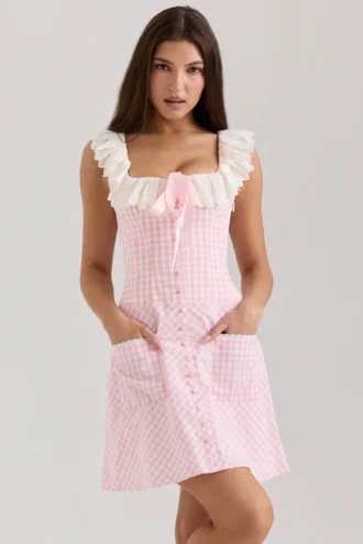 Robe Astra en coton vichy rose à volants