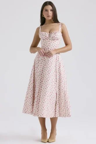 Robe bustier en coton à imprimé boutons de rose blancs « Carmen » pour Robes d&rsquo;Été