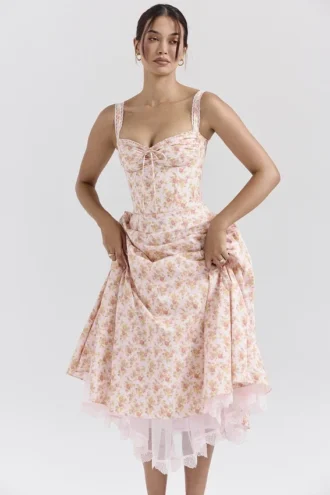 Robe bustier en coton à imprimé coquelicots et pêches « Rosalee » pour la Robe d&rsquo;Été