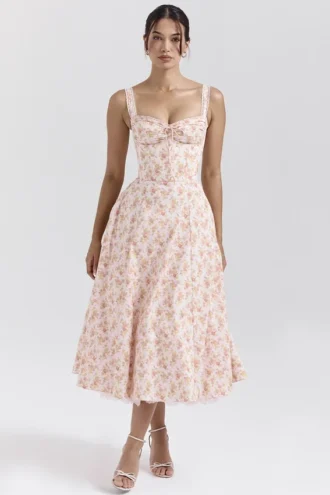 Robe bustier en coton à imprimé coquelicots et pêches « Rosalee » pour la Robe d&rsquo;Été