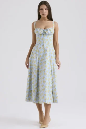 Robe bustier en coton à imprimé floral vintage bleu pâle « Carmen » pour Robes d&rsquo;Été