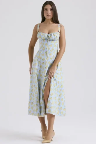 Robe bustier en coton à imprimé floral vintage bleu pâle « Carmen » pour Robes d&rsquo;Été