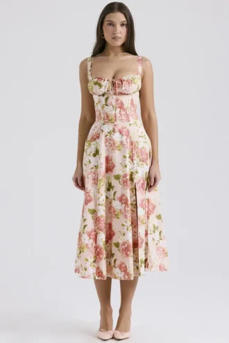Robe bustier en coton à imprimé pivoine rose « Carmen » pour Robes d&rsquo;Été