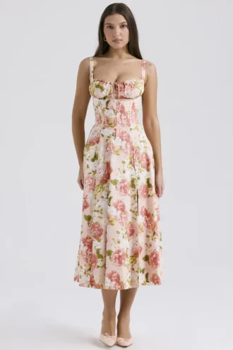 Robe bustier en coton à imprimé pivoine rose « Carmen » pour Robes d&rsquo;Été