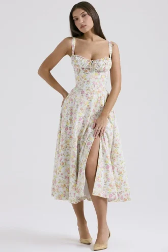 Robe bustier en coton à imprimé prairie bleu pâle Carmen Robes d&rsquo;Été