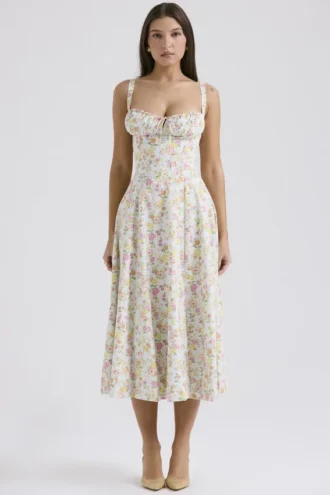 Robe bustier en coton à imprimé prairie bleu pâle Carmen Robes d&rsquo;Été