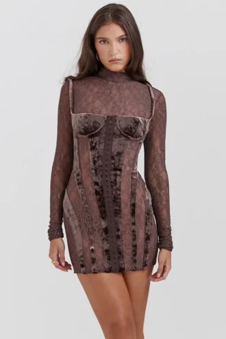 Robe corset en velours et dentelle Marica Brown