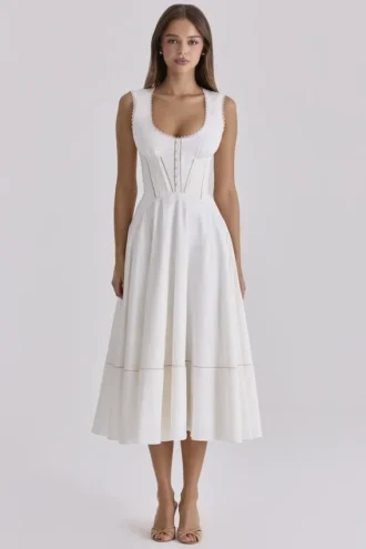 Robe d&rsquo;Été en coton blanc Solana à taille cintrée