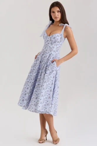 Robe d&rsquo;Été en coton extensible à imprimé floral bleu Emely