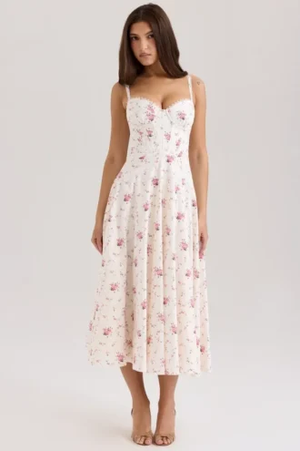 Robe d&rsquo;Été en coton stretch blanc à imprimé roses « Steffani »