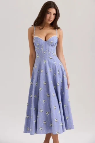 Robe d&rsquo;Été en coton stretch imprimé marguerites bleues « Steffani »